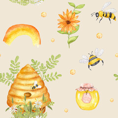 Apiculture. Watercolor Bee Floral seamless pattern with Beehive and jar of honey. The illustration is hand drawn.