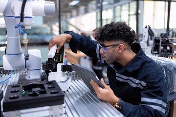 Engineer sitting in robot fab. room use tablet pc quality check robot arm hardware engineering