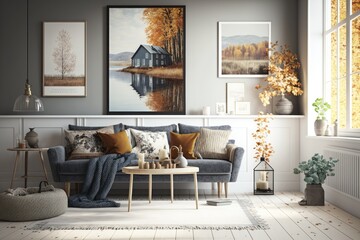 Interior of beautiful living room with autumn decor. Generative AI