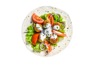 Vegetarian falafel with vegetables and tzatziki sauce on a tortilla bread.  Isolated, transparent...