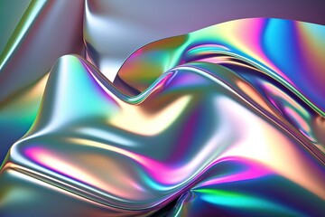 Generative AI illustration of holographic liquid background. Holographic iridescent backdrop. Pearlescent gradient and foil effect for design prints. Rainbow metal