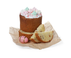 Traditional Easter cake with meringues and decorated egg on white background