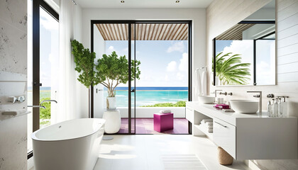 Fototapeta na wymiar Illustration of modern bathroom with big windows with sea or ocean view, interior created with Generative AI technology.