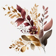 Watercolor floral illustration - marsala gold leaf branch made with Generative AI