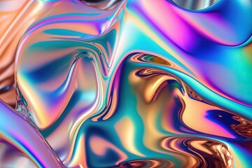 Obraz premium Generative AI illustration of holographic liquid background. Holographic iridescent backdrop. Pearlescent gradient and foil effect for design prints. Rainbow metal