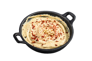 Hummus dip with chickpea in a bowl.  Isolated, transparent background. - obrazy, fototapety, plakaty