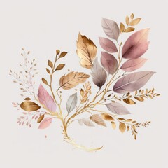 Watercolor floral illustration - pink gold leaf branche made with Generative AI