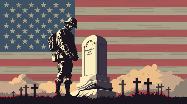 Veteran's Day poster. Memorial Day, patriotic greeting card with USA flag and soldier silhouette near the monument. Remember and Honor. Vector vintage illustration