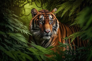 Beautiful Bengal tiger in a background of a lush, green habitat. Generative AI