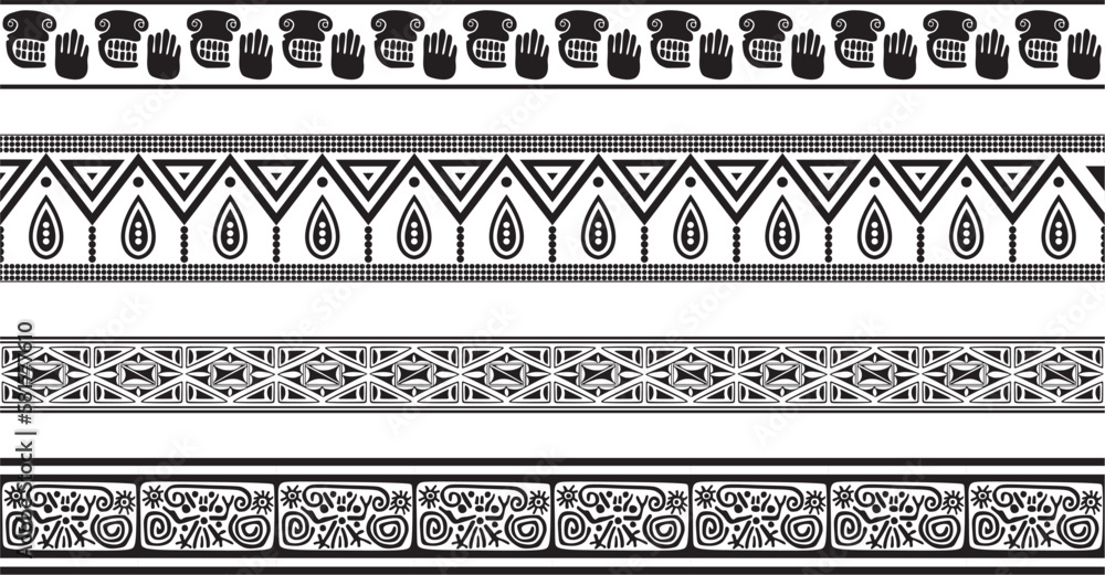 Wall mural vector set of seamless monochrome national native american ornaments. endless ethnic black borders, 