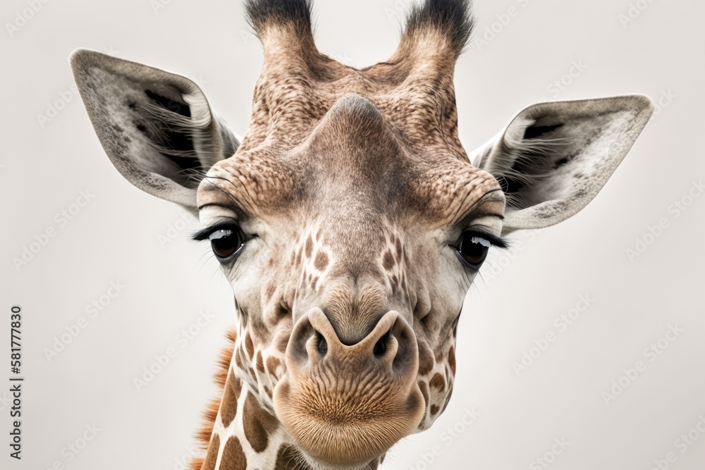 Poster a close up of a white background with a giraffe head. generative ai