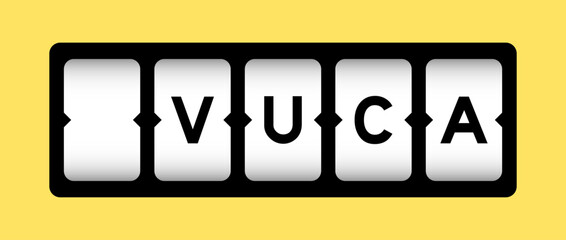 Black color in word VUCA (abbreviation of Volatility, uncertainty, complexity and ambiguity) on slot banner with yellow color background