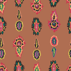 Folk, ethnic, hippie seamless pattern with 70s retro vibes. Abstract colorful tribal spots repeat, blots backdrop.