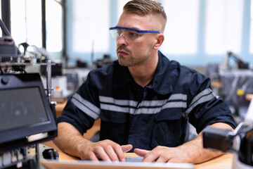 Engineer sitting in robot fab. room use laptop quality check and detail design engineering