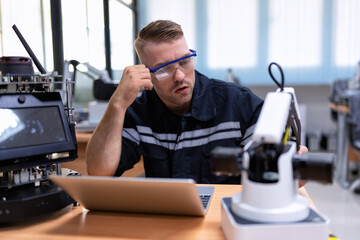 Engineer sitting in robot fab. room use laptop quality check and detail design engineering