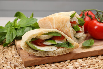 Delicious pita sandwiches with mozzarella, tomatoes and basil on wicker mat