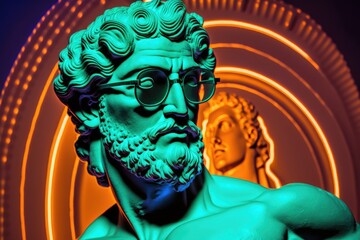 Image of a hercules head wearing bitcoin themed spectacles against a neon background. Generative AI - obrazy, fototapety, plakaty