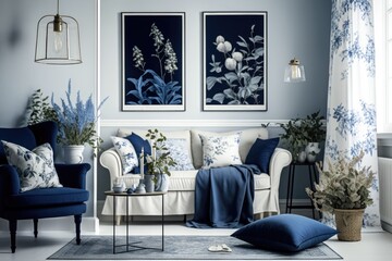 Cozy blue and white living room with flowery patterns on pillows and posters. Generative AI