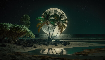 Palm tree amid full moon on sea beach at night created with generative AI technology