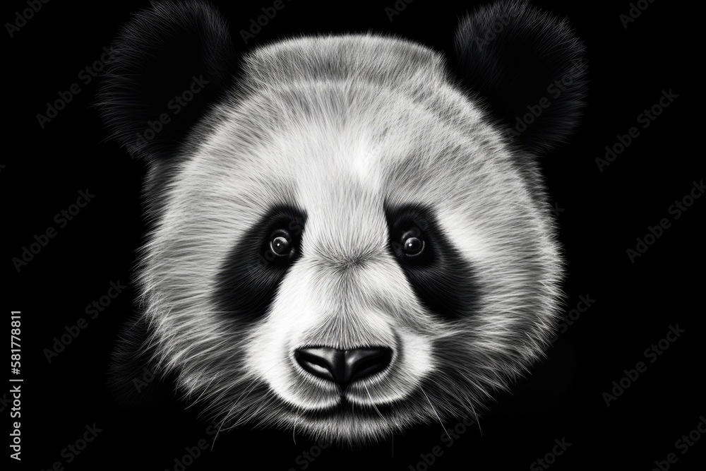 Poster template for a panda portrait with a dark background. generative ai