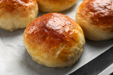 Freshly baked soda water scones on parchment paper, closeup