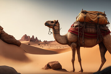A camel in the desert with a bag on it. Generative AI