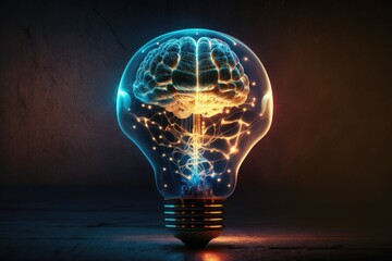 Artificial intelligence and neural networks concept, futuristic laptop background, creative light bulb with human brain hologram. Multiexposure. Generative AI