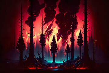 A fire in the forest with a dark sky and a fire in the foreground Generative AI 
