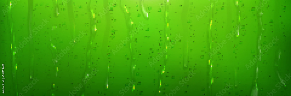 Poster water droplets and streams on green surface. vector realistic illustration of wet shower glass with 