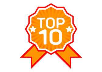 Top ten list. Award rosette with word and number 10 on white background