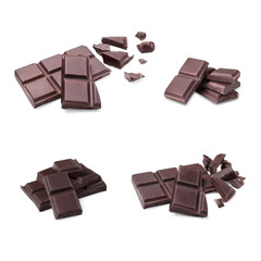 Collage with pieces of tasty chocolate bars on white background