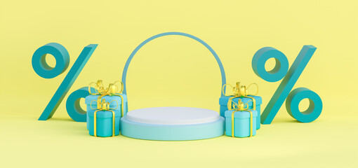 A poster for special offer discounts with a podium and a blue gift boxes. 3d render illustration