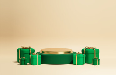 A poster for special offer discounts with a podium and a green gift boxes. 3d render illustration