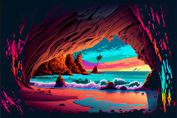 Fototapeta na wymiar painting of a cave on the beach. generative ai.