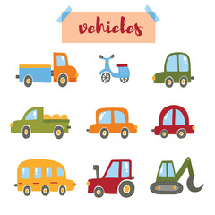 Vehicals cars and moped cute hand drawn flat childish icons vector set
