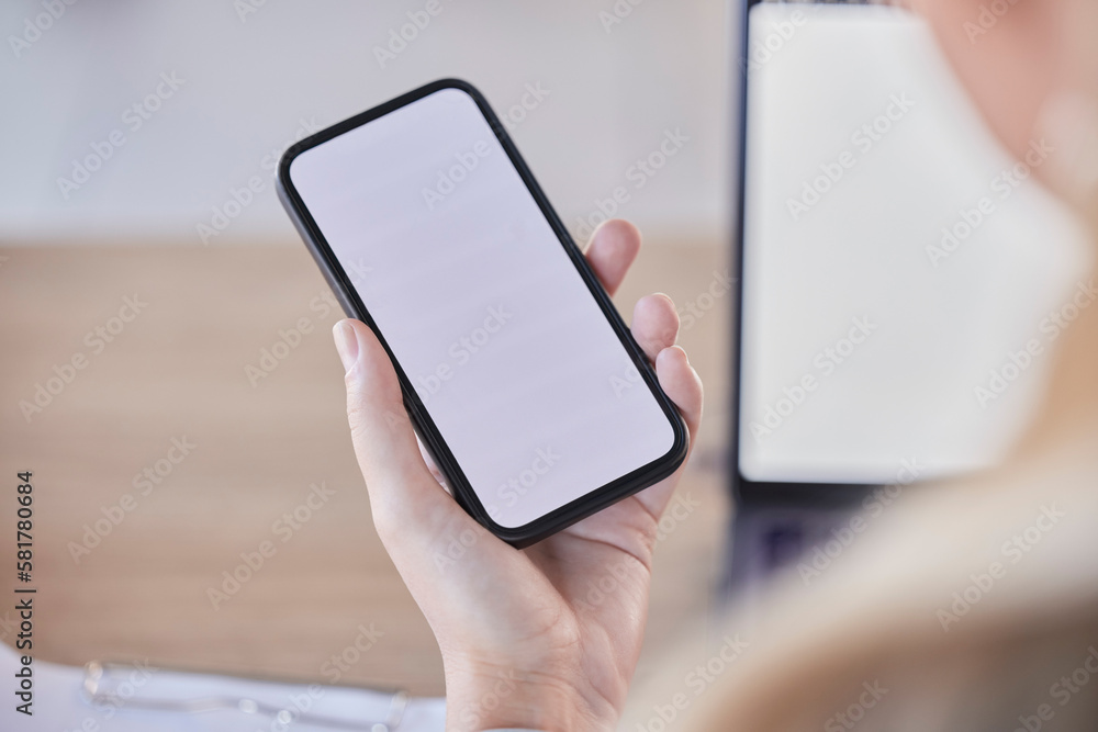 Aufkleber woman, hands and phone mockup screen in office for advertising, digital network or online user. clos