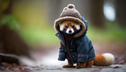Obraz premium Winter Reds: An Adorable Portrait of a Red Panda in Cold Weather Gear. Generative AI