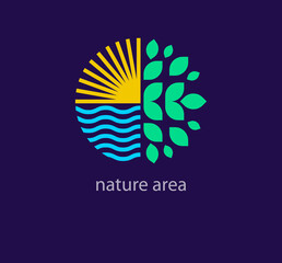 Nature area creative logo. Sun, sea, vegetation. corporate healthcare company logo template. vector
