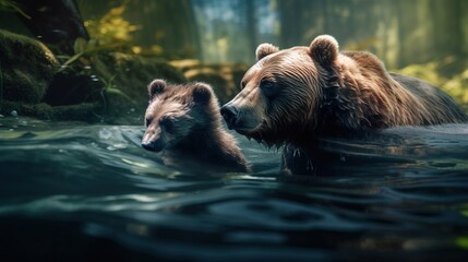 Obraz premium a mother Bear and her Cub swimming in the water. Mother and child concept. Father and child concept. Generative AI.