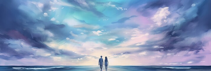 Young couple in love standing on the beach, romantic sunset dusk blue sky clouds, vast panoramic ocean view, summer night vacation, serenity and peace, enjoying the moment together - generative AI