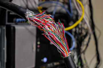 Damage to a multi-core telecommunication cable is a close-up. An accident on the Internet network, a wire break.