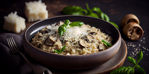 A bowl of mushroom risotto with parmesan and fresh herbs generated by AI
