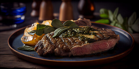 A plate of bistecca alla fiorentina, grilled steak with herbs generated by AI