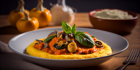 A plate of creamy polenta with mushrooms and tomato sauce generated by AI - obrazy, fototapety, plakaty