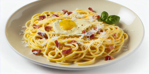 A plate of spaghetti alla carbonara with eggs, bacon, and parmesan cheese generated by AI