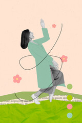 Vertical collage image of excited carefree black white colors girl enjoy dancing painted spring...