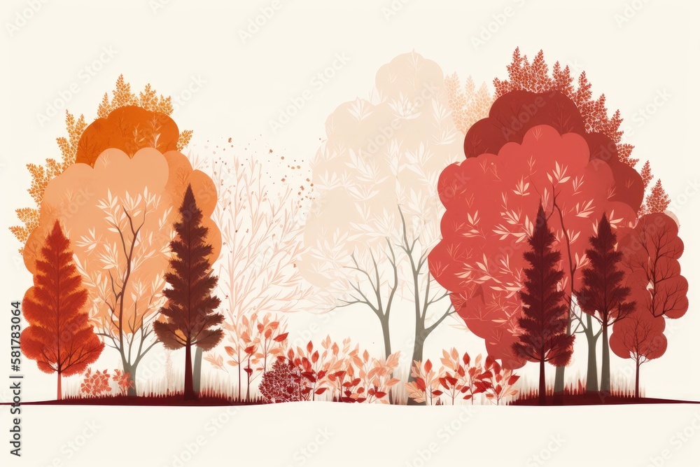 Poster a white background with an illustration of red and orange trees in the fall. countryside setting. ge