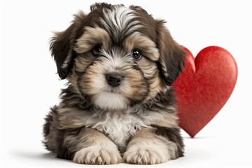 An adorable puppy havanese dog wearing a red heart on a white background. Generative AI