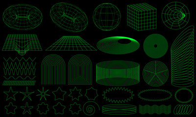 Retro futuristic set. Surreal geometric shapes, abstract backgrounds. Abstract bauhaus on black background. Vector Trendy Icons EPS 10