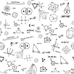 Seamless repeating pattern with science, math equations, chemistry and quantum physics research with geometrical figures on a blackboard at school